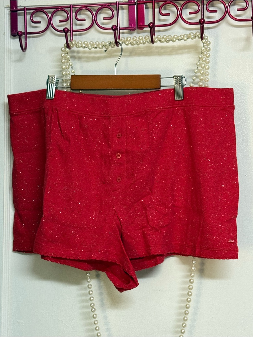 Pink Victoria Secret Red Silver Glitter Women's Knit Lounge Shorts XL